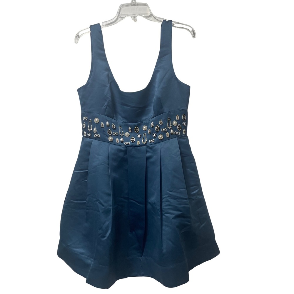 Maeve Anthropologie Blue Satin Charm Embellished Pleated Fit & Flare Dress NWT M